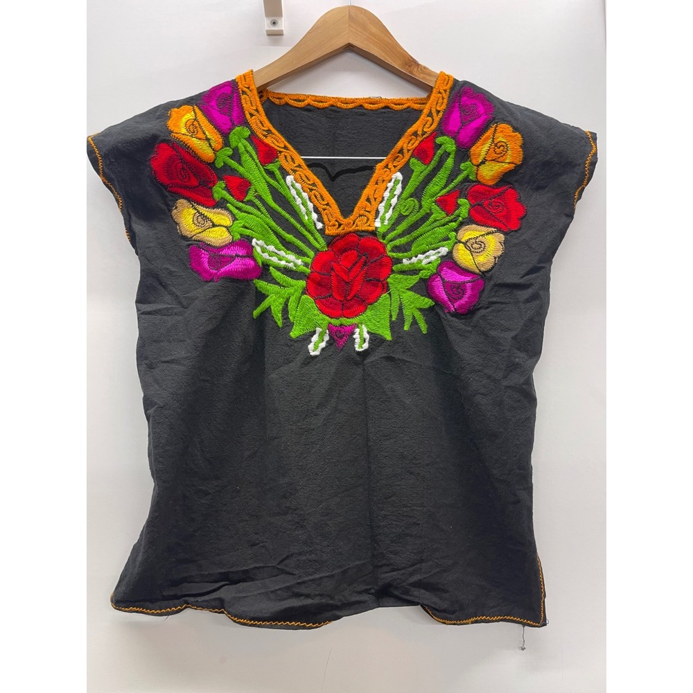VTG Mexican Floral Embroidered Huipil Top Black Cotton Boho Blouse Sleeveless M